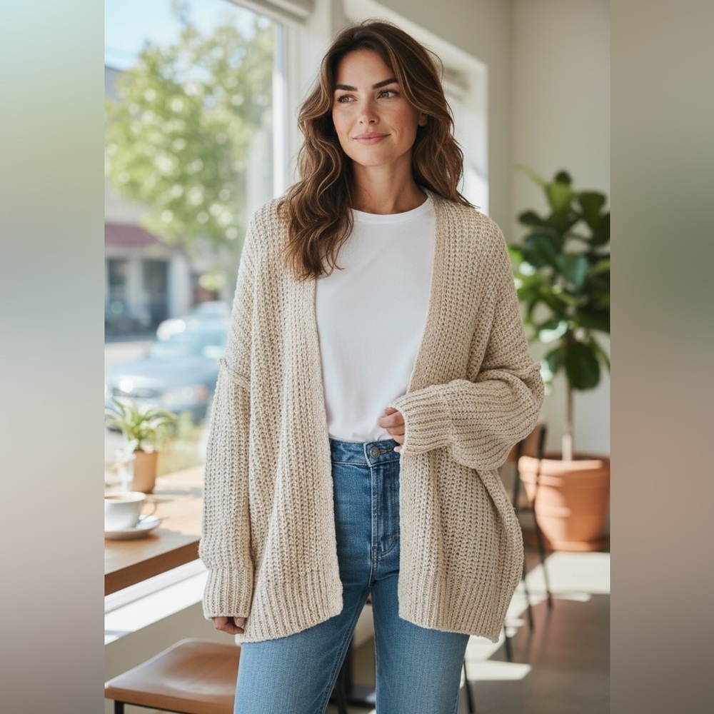 Free People Beige Knit Cardigan with Snap Closure